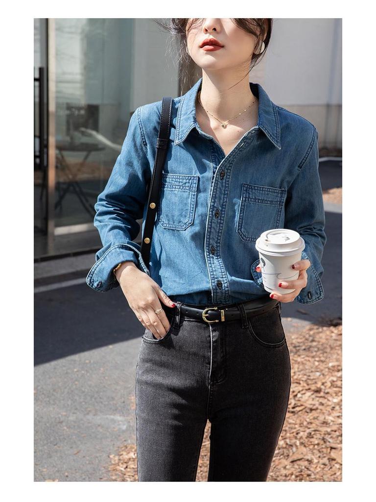 2025 Women's Chic Retro Denim Shirt - Soft Cotton, Long Sleeve, French Style for Spring/Autumn