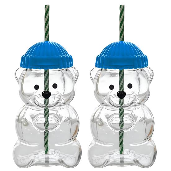 2 ks Kelímek ve tvaru medvídka s víčkem a brčkem Roztomilý nepropustný hrnek pro děti dospělé Plastový kelímek na studené nápoje na smoothie a ledovou kávu