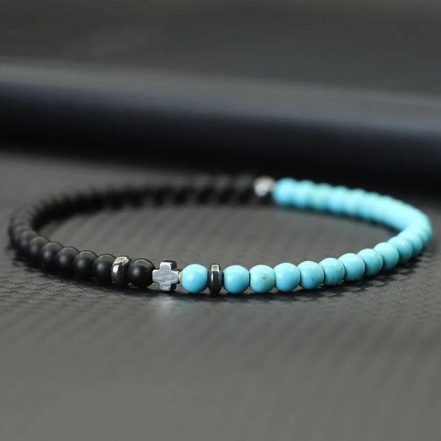 

Чоловічий браслет з натурального каменю 4 мм Гематоїтовий браслет з хрестом Браслет з рисових намистин Браслет Homme Подарунок для хлопця Браслет Joias Йога-прикраси