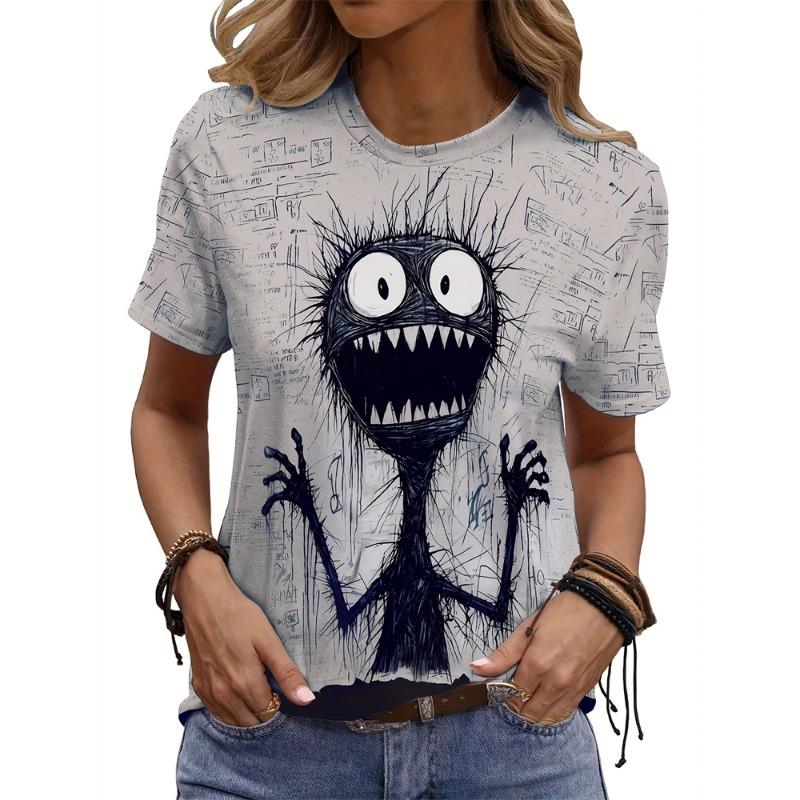 Summer casual women's T-shirt in cartoon style - Cute cat print loose T-shirt top