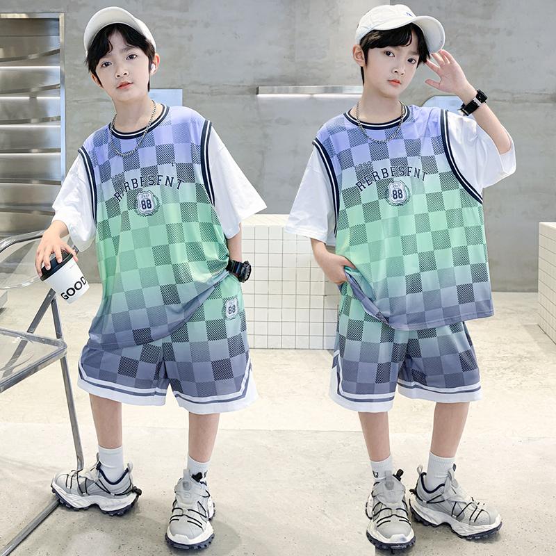 Boys' Basketball Suit Fake Two-piece Set, Summer Thin Ice Silk Quick Drying Sports Two-piece Set, Handsome