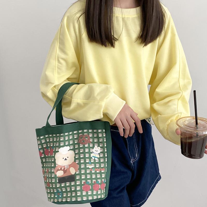 Baumwoll-Canvas Damen Kleine Handtasche Kawaii Mädchen Niedliche Bucket Bag Lunchbox Picknick Tragetasche Abendessen Behälter Lebensmittel Aufbewahrungsbeutel Für Dame