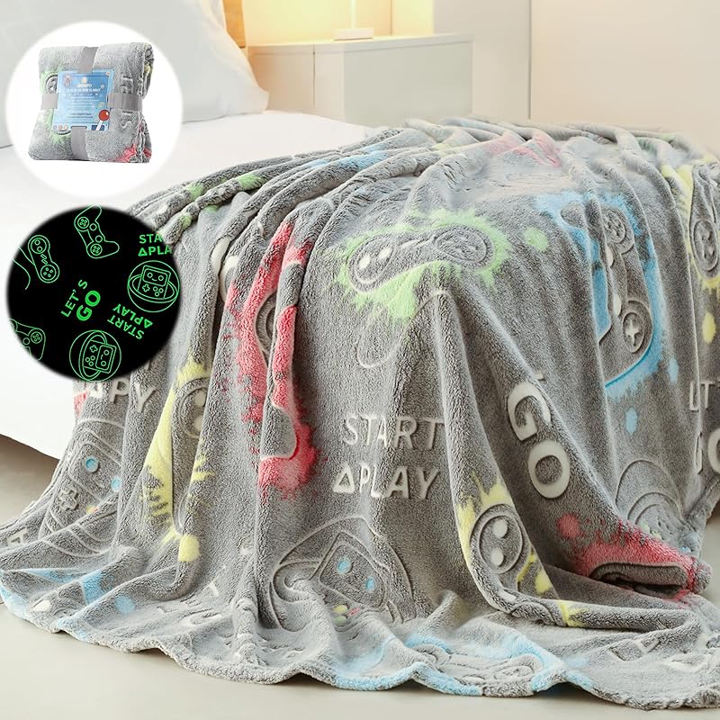 Glow in The Dark Blanket Game Controller Gifts for Boys,Soft Kids Throw Gamer Blanket 3 4 5 6 7 8 9 10 11 12 Year Old Boy Gifts,Gifts for Boys A-grey Game