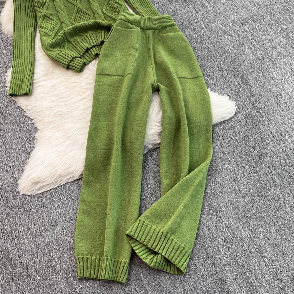 New Loose Knit Fried Dough Twists Sweater Suit Women's Winter High Waist Slim Straight Wide Leg Pants Two-piece Set