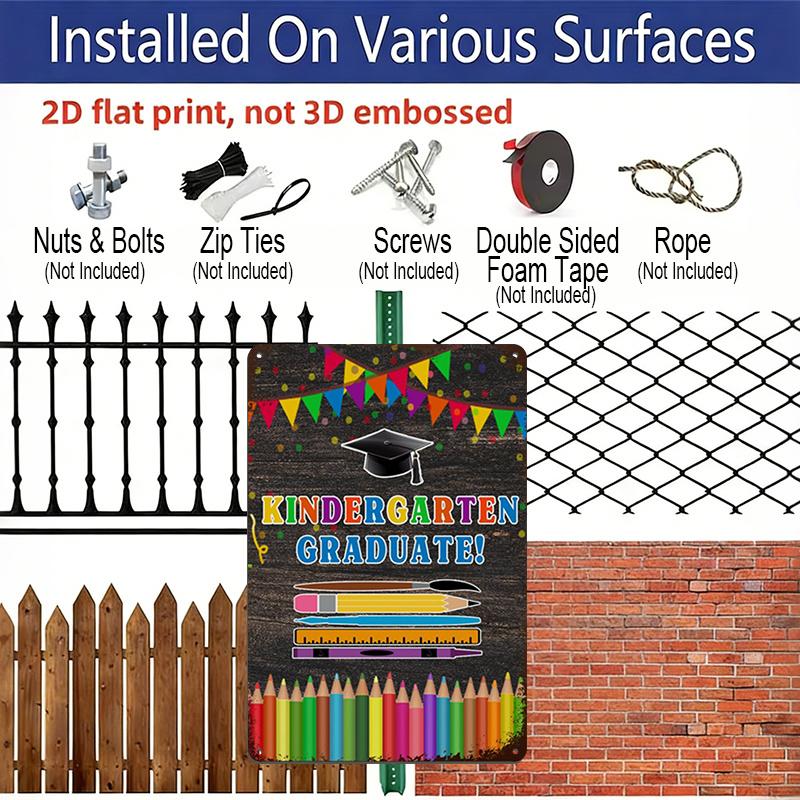 2D Flat Vintage Aluminium Metal Sign - Wall Decoration for Kindergarten Graduate with Colorful Pencils, Cap, and Books - Rustic Art Deco Design for