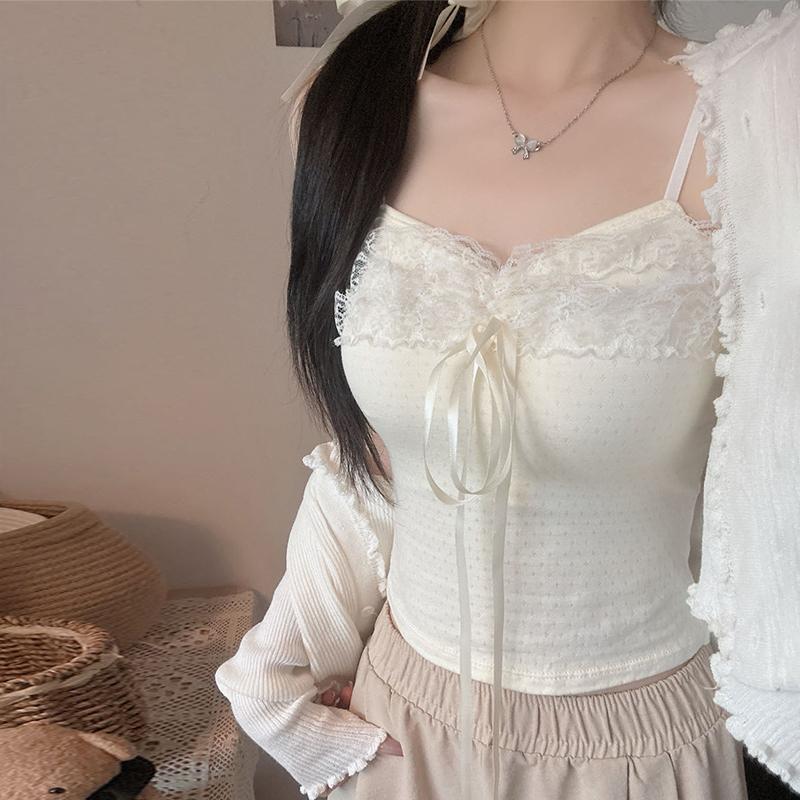 Summer Women'S Sweet Sexy Bow Lace Patchwork Sleeveless Slim Camisole With Chest Pad