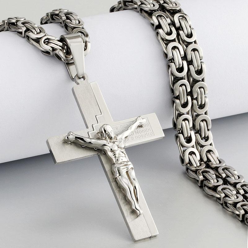 Collana con ciondolo a croce in acciaio inossidabile per uomo religioso, pesante collane a catena bizantina, gioielli sacri di Gesù Cristo