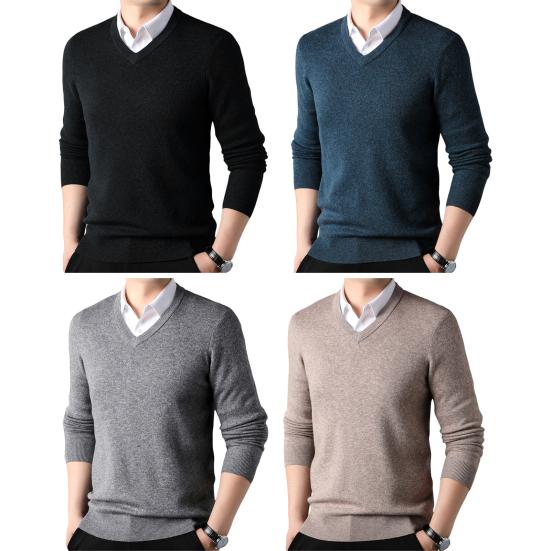 Suéter de otoño e invierno para hombre, cuello en V, tejido de color sólido, elástico, largo medio, estilo formal de negocios