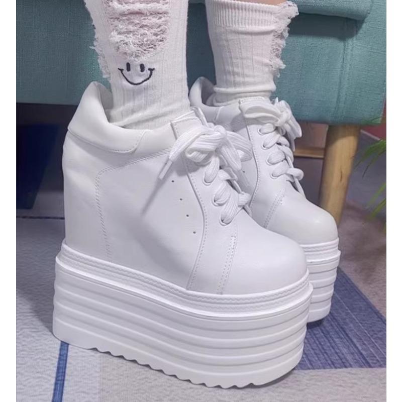 

Натуральная кожа 14СМ 16СМ Осенние массивные кроссовки на танкетке и платформе, на шнуровке, дышащие каблуки, полые туфли, вулканизированные, весенние женские туфли 34