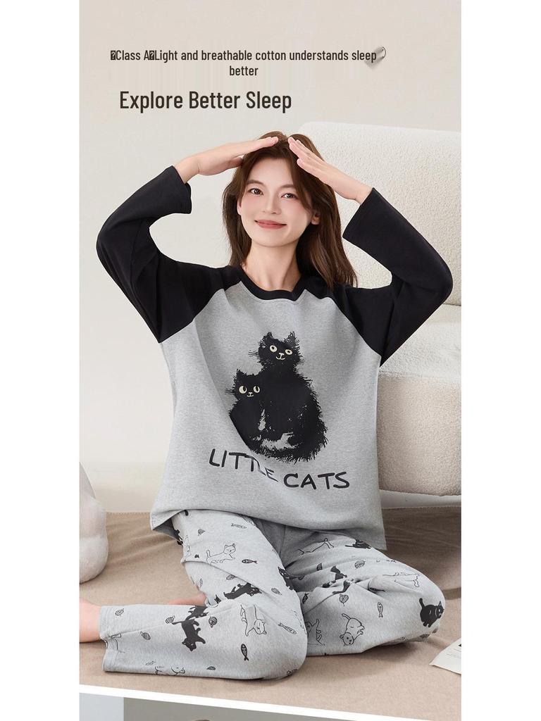 Women's Long Sleeve Cotton Pajama Set with Bra Pads - Sweet Cartoon, Plus Size, Antibacterial, Loose Fit