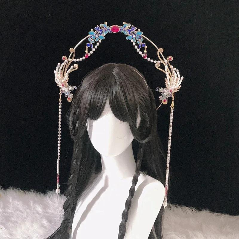 

Chinese Style Halo Crown Chinoiserie Ming-made Headdress Cloisonne Step-shaking Burning Blue Headpiece Ancient Hanfu Headband