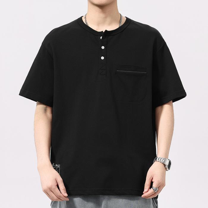 

Футболка мужская с короткими рукавами, пуговицами, круглым вырезом, ретро-отделкой на груди, функционального стиля, с 3-метровой светоотражающей отделкой 4XL чёрный