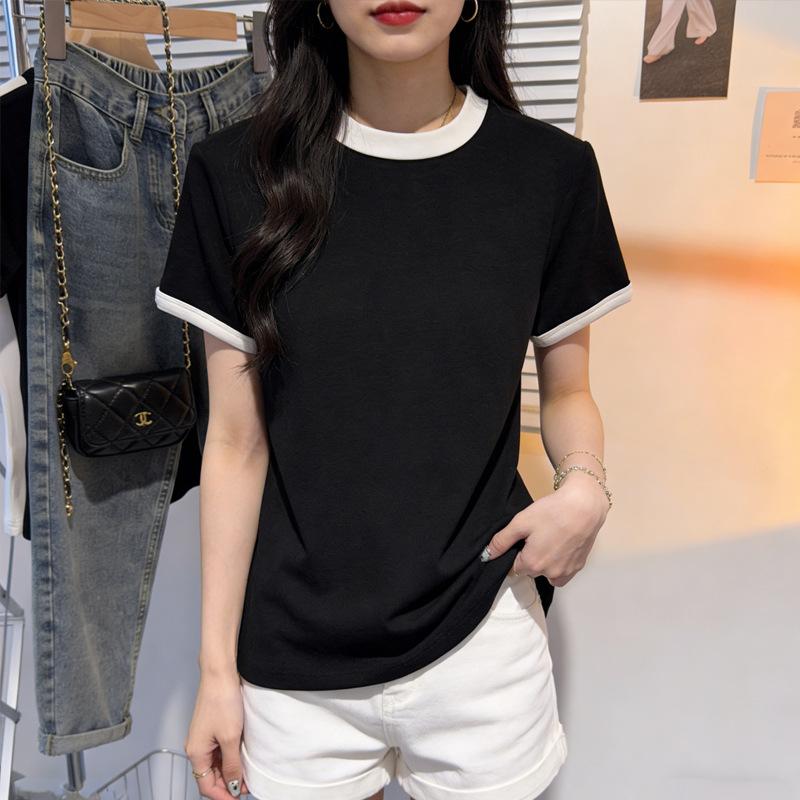Two-tone round-neck short-sleeve t-shirt for women, 2026 new summer base shirt, slim-fit short top