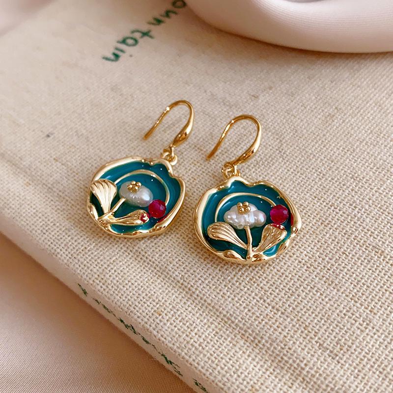 Boucles d'oreilles pendantes vintage en émail style peinture à l'huile - Luxe léger, design rétro haut de gamme pour femmes