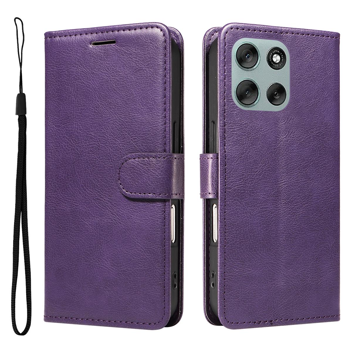 

For Motorola Moto G56 5G Leather Wallet Case with Strap Solid Color Phone Stand Cover Purple