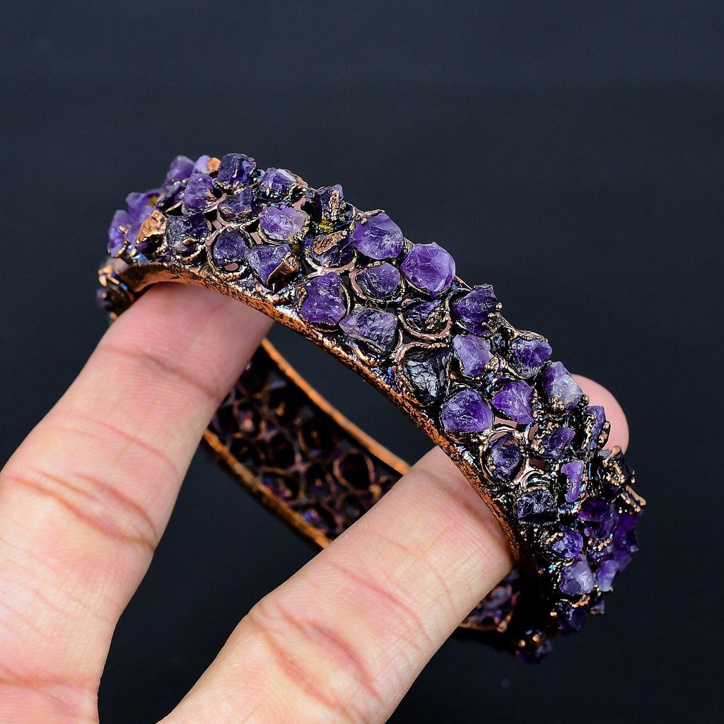 Amethyst Cuff Bracelet Real Gemstone Bangle, Copper Electroformed Bracelet Handmade Jewelry, Adjustable Bangle For Gift Women Jewelry
