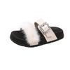 Fashion Women Summer Casual Fluffy Slippers With Fur Flat Non-Slip Fox Fur Furry Slides Large Size Shoes Fur Sandals