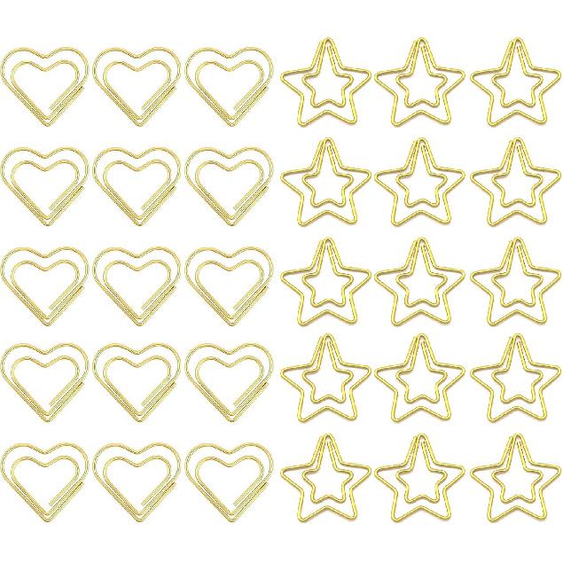120 Pcs Gold Heart and Star Paper Clips Set 60 Pcs Heart + 60 Pcs Star for Office and Home(Gold Heart+Star) Gold Heart+Star