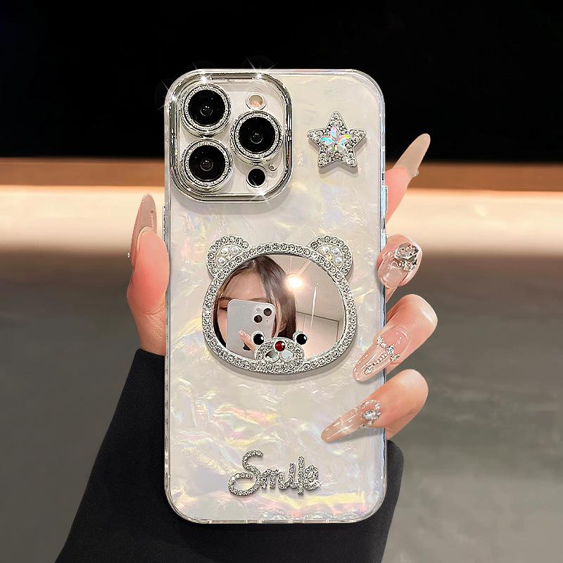 Bear mirror bracelet is suitable for Apple 16promax mobile phone case 13 flash diamond star doll 15 high-end sense 14 women