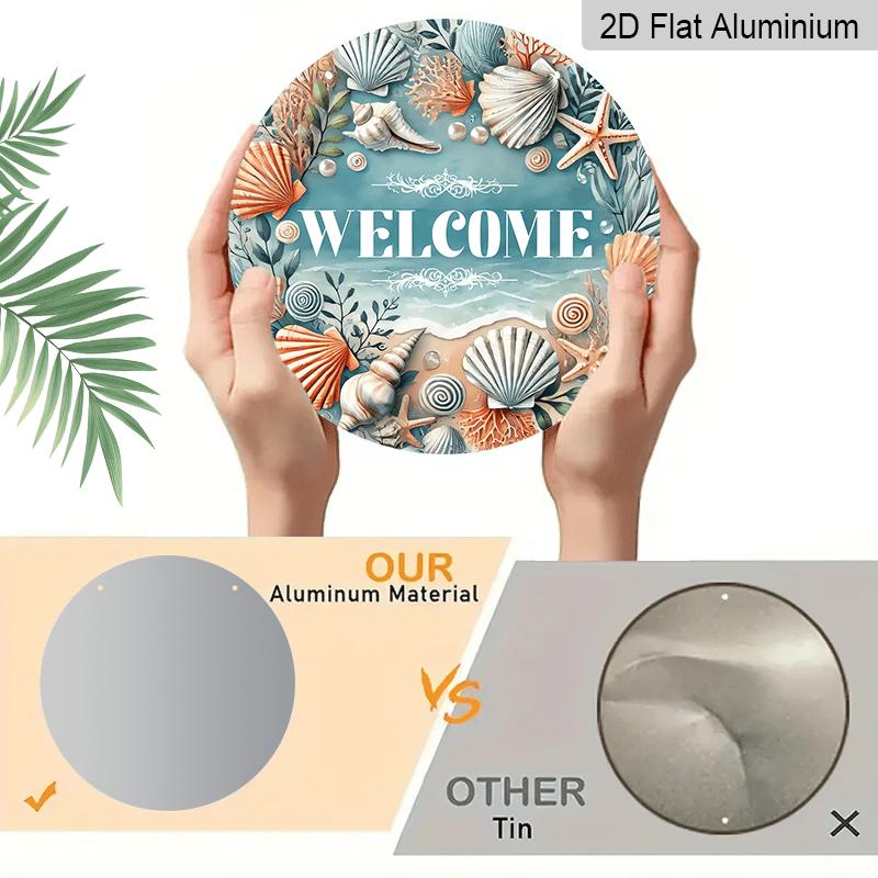 2D Flat, 1pc Large 30*30cm Coastal Welcome Aluminum Hanging Sign, Beach Door Hanger with Seashell & Starfish, Nautical Wall Decor, Nautical Wall