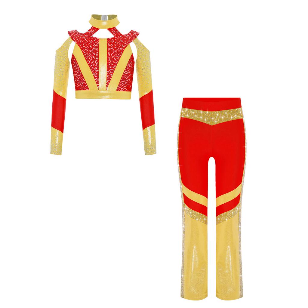 Kids Girls Stage Performance Costume: Long Sleeve Rhinestone Color Block Crop Top with Cross Back Cutout & Matching Flared Pants