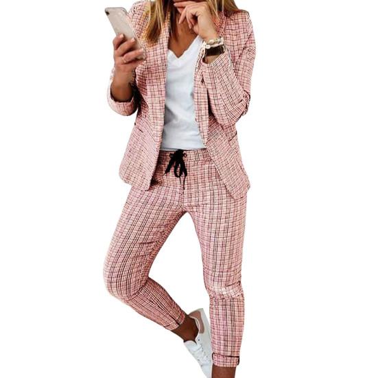 2 Stück/Set Damen Blazer Hosen Set Umlegekragen Cardigan Langarm Elastische Taille Schmale Passform Kordelzug Formell Knöchellang Kariert