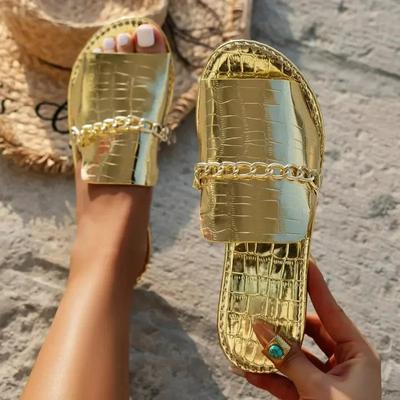 Fashion 2024 New Summer Gold Metal Chain Slippers Women’s Flat Luxury Outdoor Beach Flip Flop Female Sandals Trend Slides Shoes