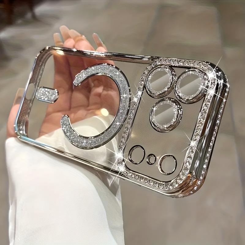 

Luxury Glitter Diamond Transparent Phone Case For iPhone 17 16 15 14 13 Pro Max 17Pro Air Magnetic Wireless Charge Bumper Cover iPhone Air серебряный