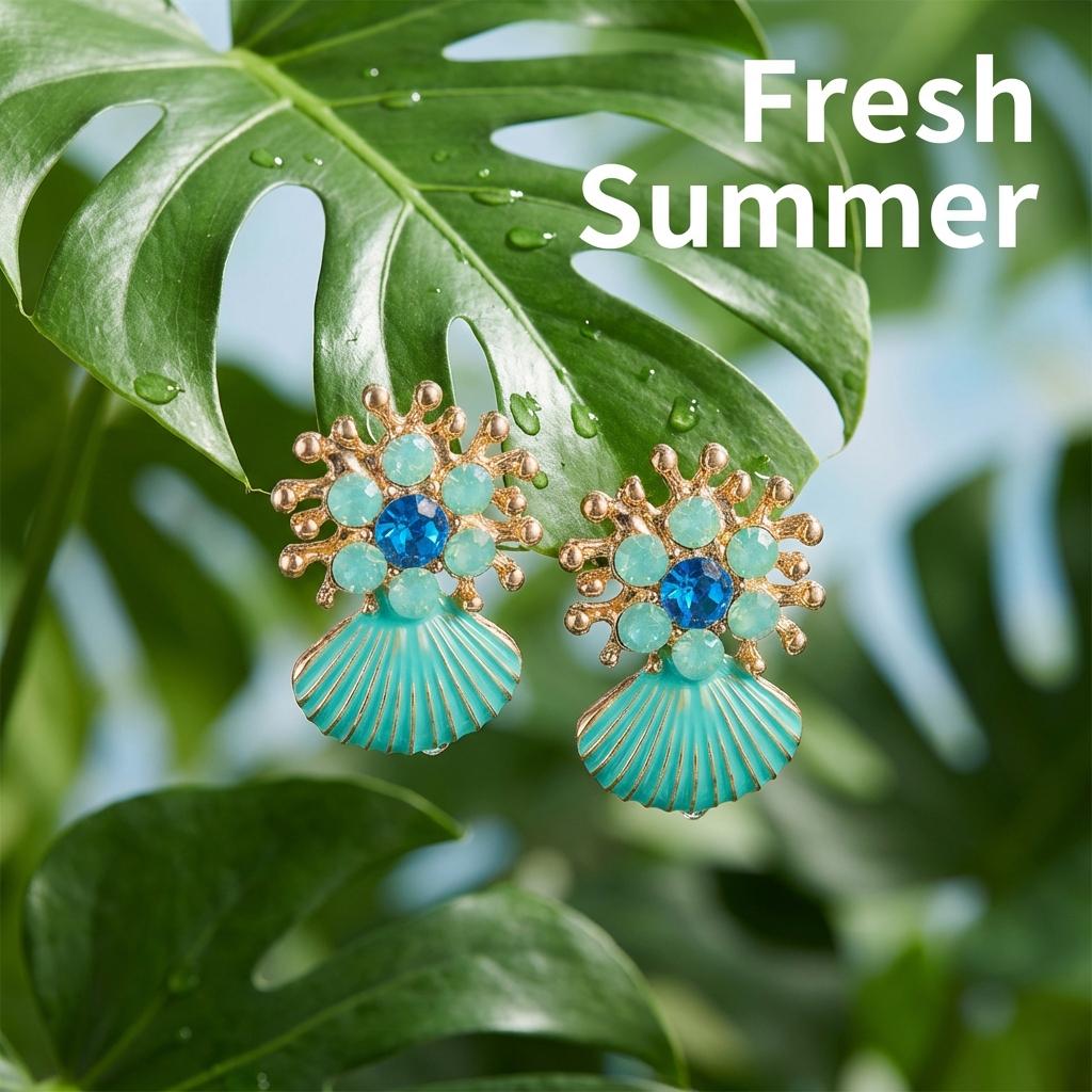 Vintage Design Sense Metal Zircon Shell Drop Earrings for Women Elegant Blue Rhinestone Scallop Earring Fashion Jewelry Gift