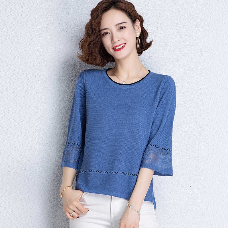 

Women s Knitted T-shirt Loose Short Spring Women s Mid Sleeve Top Thin Middle Aged Mom T-shirt 3XL синій