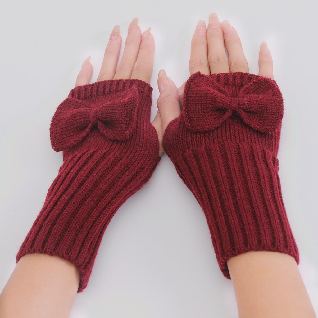 Warme und stilvolle Damen-Halbfinger-Strickhandschuhe mit Schleifendekor für Outdoor-Sportarten wie Skifahren und Radfahren