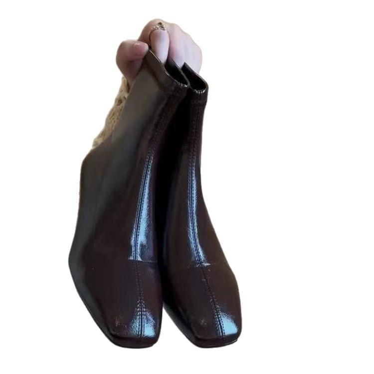 Cowhide Version Retro Simple Thin Boots Rear Zipper Square Head Temperament Wedge 2.5cm Short Boots Thin Elastic Boots