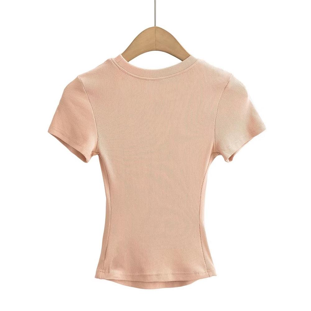 Trendy Women's Ribbed Slim Fit Short Sleeve T-Shirt with Sexy Round Neck and Straight Shoulders.