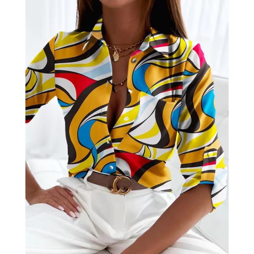 Women Print V-Neck Button Long Sleeve Shirt Loose Casual Holiday Tops Blouse