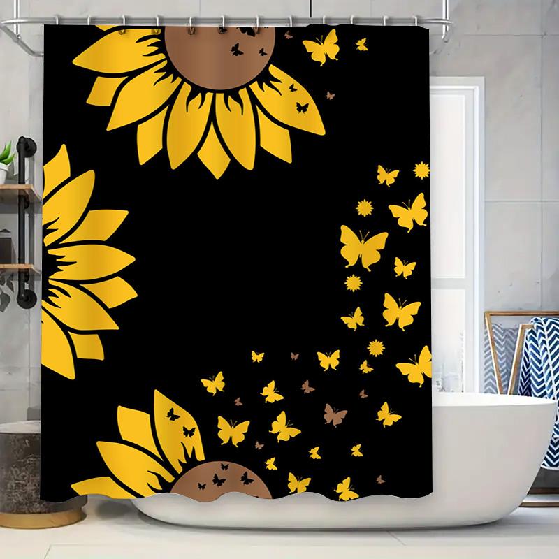 

Black Flower Sunflower Shower Curtain Bath Mat Decor Waterproof Polyester Washable Bathroom Accessories W60H190(CM)-1 Pcs