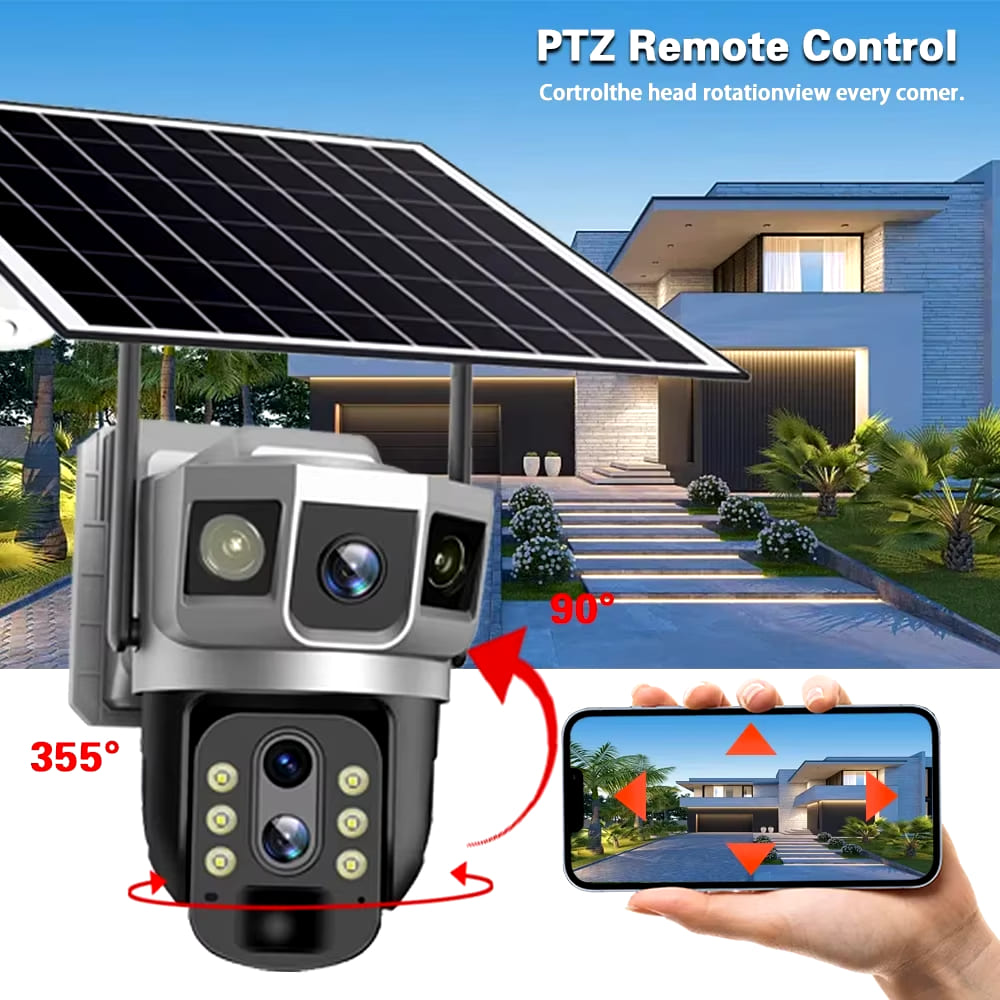 Caméra solaire 12MP 3 objectifs 4G Carte SIM Réseau Zoom 10X Protection de sécurité pour maison intelligente Vision nocturne 6K Caméras de surveillance vidéo IP CCTV