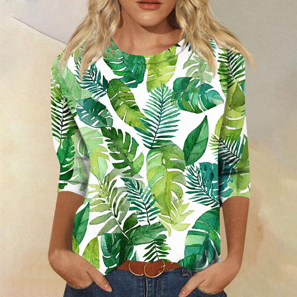 Women's Fashionable Casual Round Neck Three-Quarter Sleeve Printed T-Shirt Top