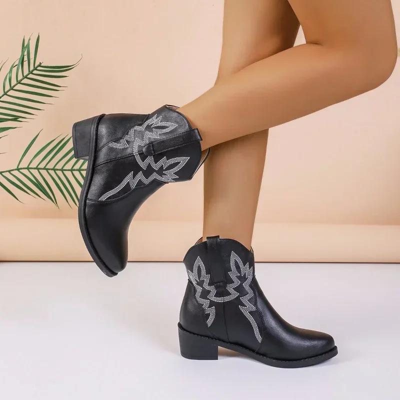 Women's Retro Embroidery Western Boots  Autumn Winter PU Leather Cowboy Boots Female Thick Heels Pointed Toe Mid-Calf Botas 2024