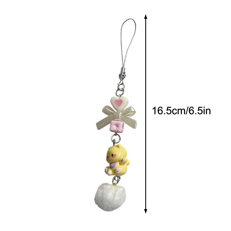 Y2K Cartoon Cat Plush Ball Beaded Mobile Phone Chain Cute Sweet Bow Kitten Phone Lanyard Keychain For Girls Camera Pendant