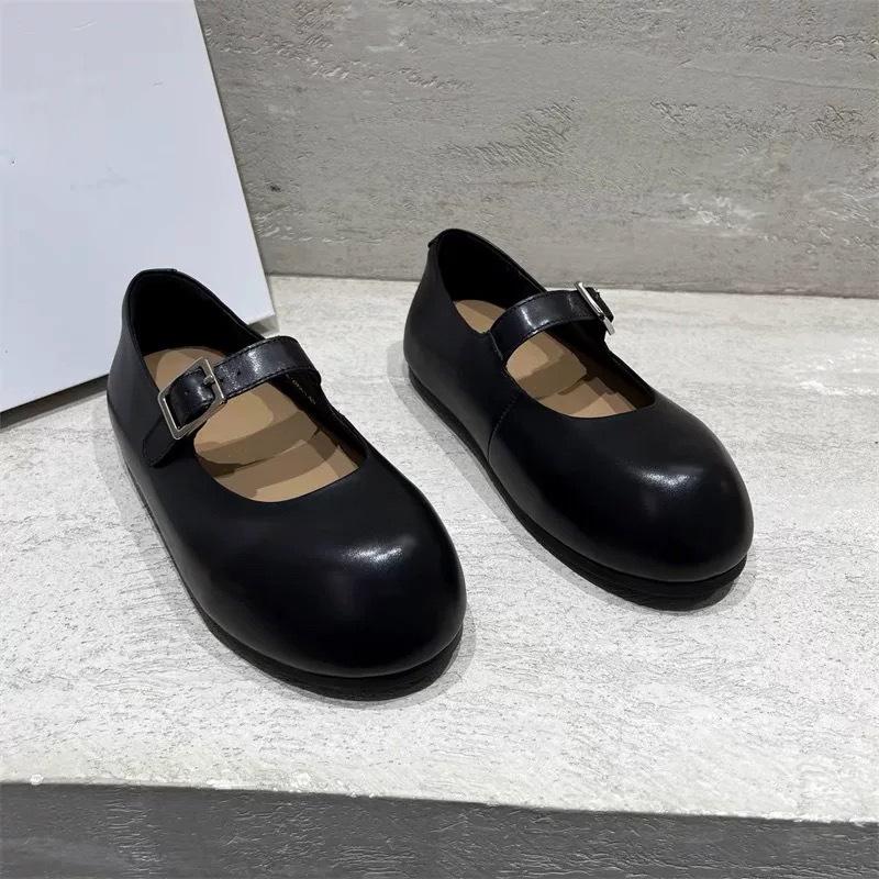 Sheepskin Version~ Spring and Autumn New Leather Inner Height Increase One-word Buckle with Shallow Mouth Mary Jane Single Shoes Women's Flat Loafers