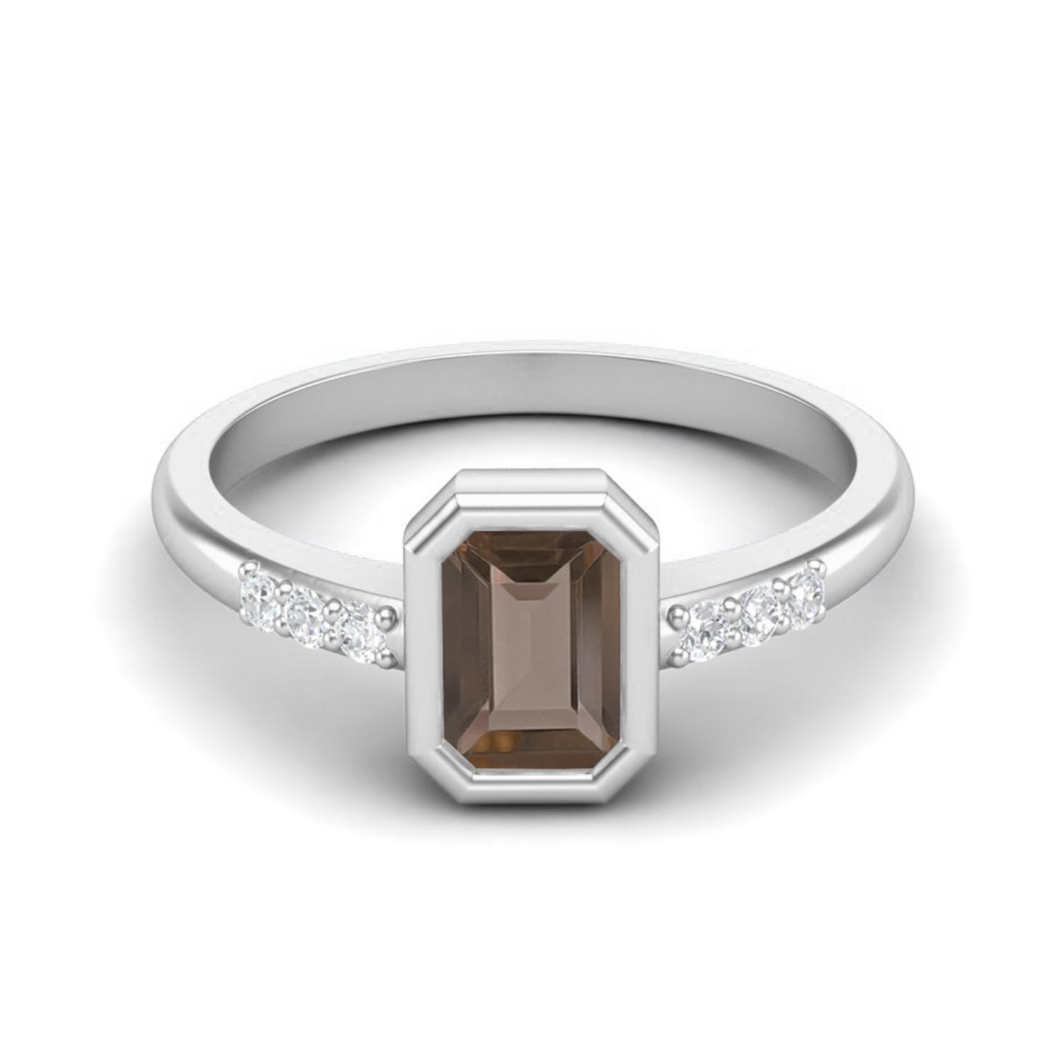 

Bezel Set 0.77 Ctw Emerald Cut Smoky Quartz 925 Sterling Silver Solitaire Women Engagement Ring 9 белый