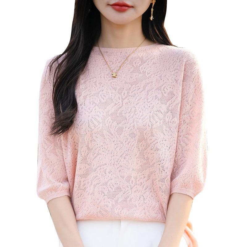 Spring New Thin Fine-spun Fine Wool Openwork Knitted Short-sleeved Top