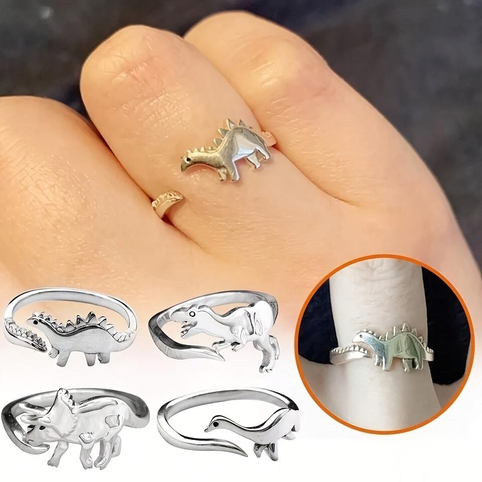 Retro-Stil verstellbarer Dinosaurierring für Damen - einzigartiges Jurassic-Design, schlichter und doch eleganter Stil, Silber-Finish, bequem