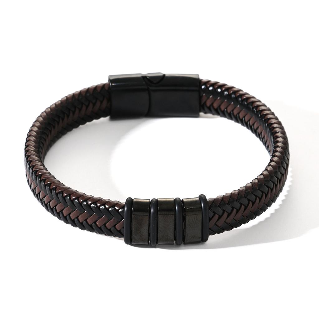Luxury Punk Mens Double-Row Braided Leather Bracelet Bangle Rope Black Wristband with Stainless Steel Gift for Boy Male Father Jewelry Accessories