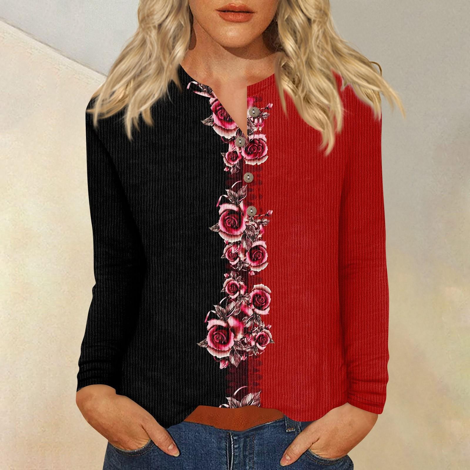 

Жен. Футболка Футболка С принтом Пуговицы Длинный рукав Повседневные Выходные Мода Классический V-образный вырез Обычный Верх XL винный