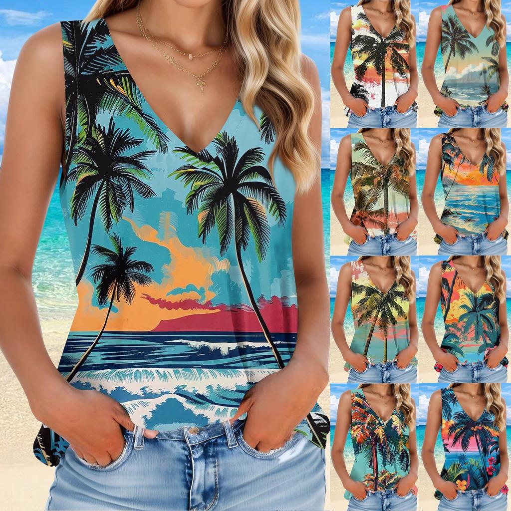 Maieu de vară cu decolteu în V, la modă, pentru femei, cu imprimeu, fără mâneci