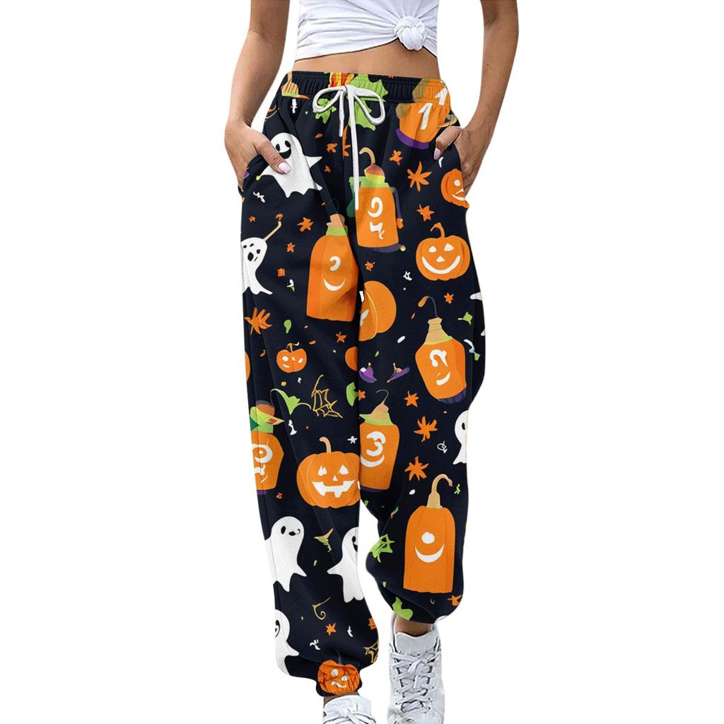 Damsportbyxor med fickor Mode Halloweentryck Elastisk midja Byxor Casual Sweatpants Byxor
