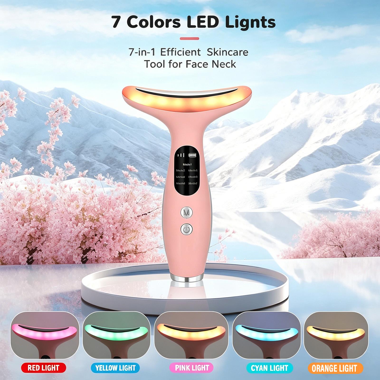 7 Colors LED Neck Beauty Device Vibration Face Neck Massager Constant Temperature Skin Lifting Anti Wrinkle Home Use Photon Therapy Tool розовый