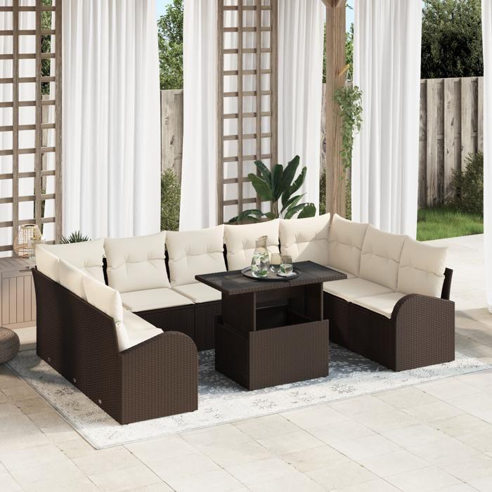 Ensemble de canapé 10 pièces en rotin marron avec coussins, Canapé 2 places avec rangement et coussins en rotin marron 3357441