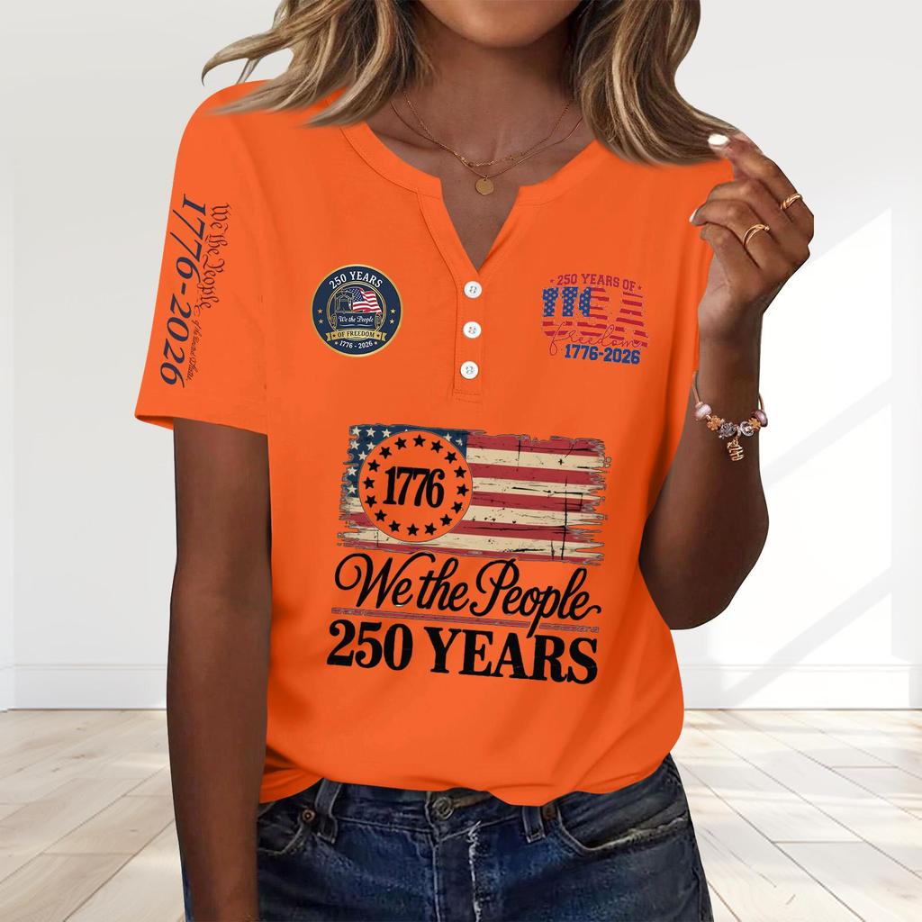 Women's Fashion Casual 250th Anniversary Independence Day Print V-Neck Short Sleeve Decorated Button-Up T-Shirt
